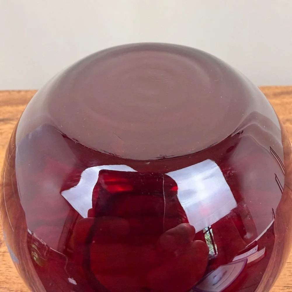 Anchor Hocking Ruby Red Glass Rose Bowl Etched Frosted Floral Vintage Vase 4.5in